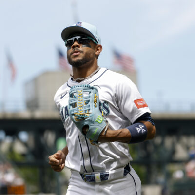 SEATTLE, WASHINGTON - JULY 04: Julio Rodríguez #44 of the Seattle Mariners jogs on the field during the game against the Pittsburgh Pirates at T-Mobile Park on July 04, 2025 in Seattle, Washington. The Seattle Mariners won 6-0. (Photo by Alika Jenner/Getty Images)