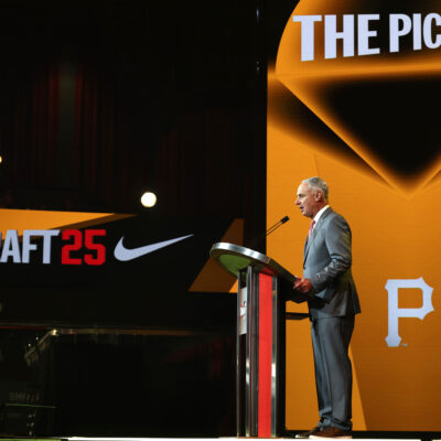 ATLANTA, GEORGIA - JULY 13: Major League Baseball commissioner Robert D. Manfred Jr. announces Seth Hernandez as the sixth overall pick, by the Pittsburgh Pirates, in the first round of the 2025 MLB Draft at Coca-Cola Roxy on July 13, 2025 in Atlanta, Georgia. (Photo by Jamie Squire/Getty Images)