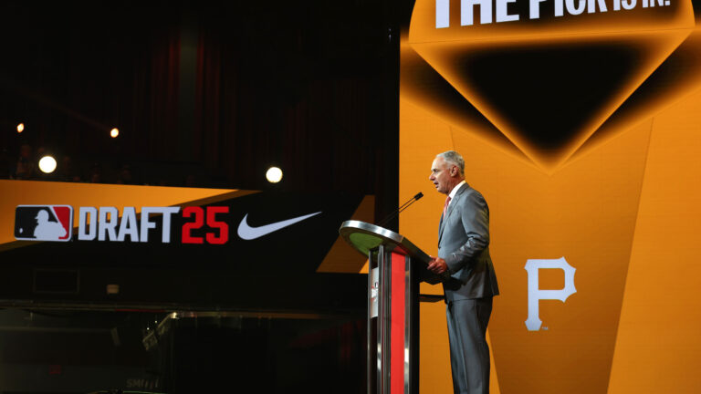ATLANTA, GEORGIA - JULY 13: Major League Baseball commissioner Robert D. Manfred Jr. announces Seth Hernandez as the sixth overall pick, by the Pittsburgh Pirates, in the first round of the 2025 MLB Draft at Coca-Cola Roxy on July 13, 2025 in Atlanta, Georgia. (Photo by Jamie Squire/Getty Images)
