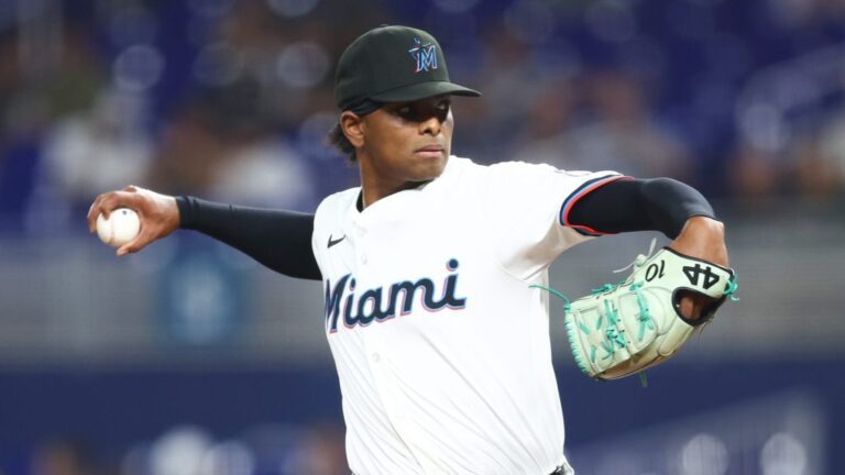 MIAMI, FLORIDA - JULY 22: Edward Cabrera #27 of the Miami Marlins pitches against the San Diego Padres in the first inning at loanDepot park on July 22, 2025 in Miami, Florida. (Photo by Megan Briggs/Getty Images)