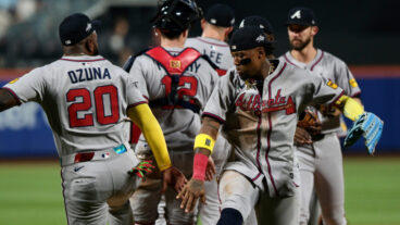 NEW YORK, NY - JUNE 23: Marcell Ozuna #20 and Ronald Acuña Jr. #13 of the Atlanta Braves celebrate after winning the game between the Atlanta Braves and the New York Mets at Citi Field on Monday, June 23, 2025 in New York, New York. (Photo by Michael Mooney/MLB Photos via Getty Images)