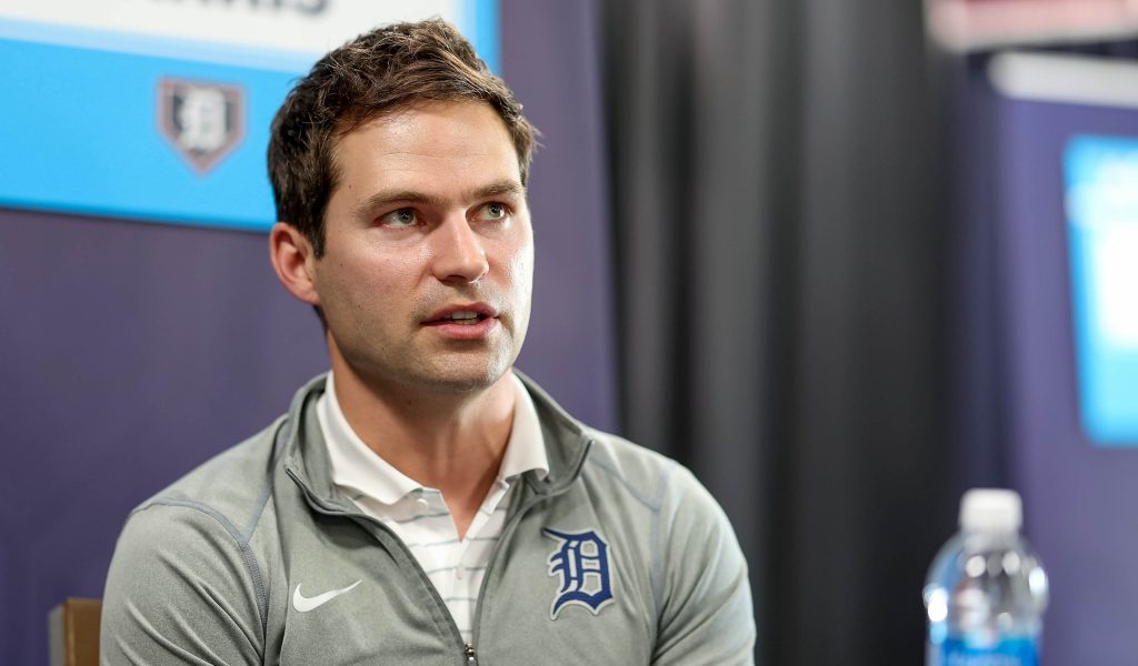 TAMPA, FL - FEBRUARY 15: President of baseball operations Scott Harris of the Detroit Tigers speaks during the 2024 Grapefruit League Spring Training Media Day at George M. Steinbrenner Field on Thursday, February 15, 2024 in Tampa, Florida. (Photo by Mike Carlson/MLB Photos via Getty Images)