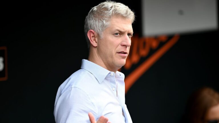 BALTIMORE, MARYLAND - JUNE 13: General Manager Mike Elias of the Baltimore Orioles watches batting practice before the game against the Los Angeles Angels at Oriole Park at Camden Yards on June 13, 2025 in Baltimore, Maryland. (Photo by G Fiume/Getty Images)