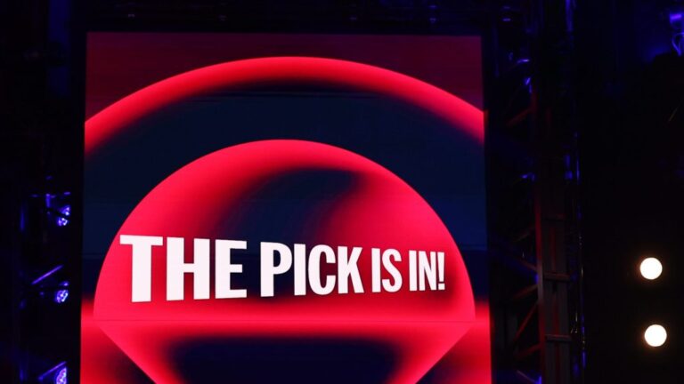 ATLANTA, GA - JULY 13: The screen at the 2025 MLB draft as Major League Baseball Commissioner Robert D. Manfred Jr. announces a pick during the 2025 MLB Draft presented by Nike at Coca-Cola Roxy on Sunday, July 13, 2025 in Atlanta, Georgia. (Photo by Rob Tringali/MLB Photos via Getty Images)