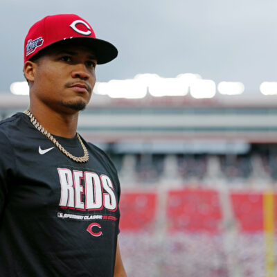 BRISTOL, TN - AUGUST 02: Noelvi Marte #16 of the Cincinnati Reds looks on during batting practice prior to the 2025 MLB Speedway Classic presented by BulidSubmarines.com between the Atlanta Braves and the Cincinnati Reds at Bristol Motor Speedway on Saturday, August 2, 2025 in Bristol, Tennessee. (Photo by Daniel Shirey/MLB Photos via Getty Images)