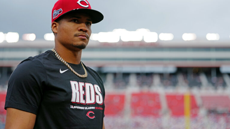 BRISTOL, TN - AUGUST 02: Noelvi Marte #16 of the Cincinnati Reds looks on during batting practice prior to the 2025 MLB Speedway Classic presented by BulidSubmarines.com between the Atlanta Braves and the Cincinnati Reds at Bristol Motor Speedway on Saturday, August 2, 2025 in Bristol, Tennessee. (Photo by Daniel Shirey/MLB Photos via Getty Images)