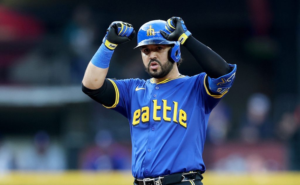 SEATTLE, WASHINGTON - JULY 31: Eugenio Suárez #28 of the Seattle Mariners celebrates his double against the Texas Rangers during the fourth inning at T-Mobile Park on July 31, 2025 in Seattle, Washington. (Photo by Steph Chambers/Getty Images)