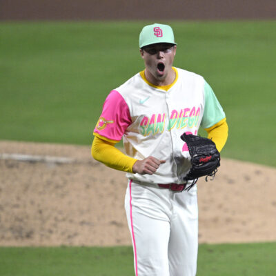 SAN DIEGO, CALIFORNIA - AUGUST 01: Mason Miller #22 of the San Diego Padres reacts after pitching against the St. Louis Cardinals during the eighth inning at Petco Park on August 01, 2025 in San Diego, California. (Photo by Orlando Ramirez/Getty Images)