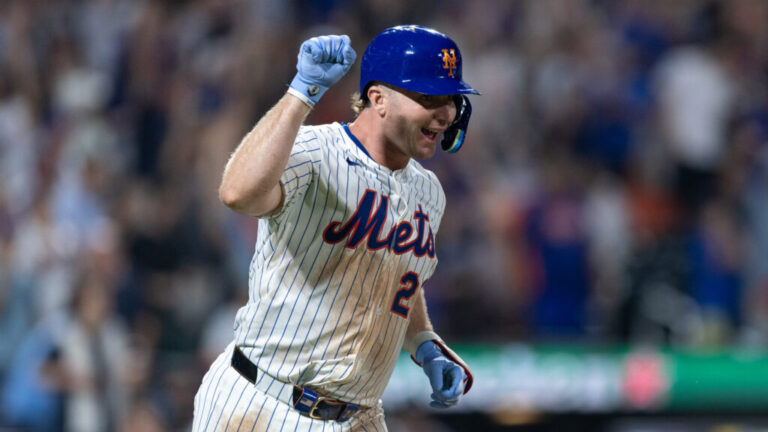 NEW YORK, NEW YORK - AUGUST 12: Pete Alonso #20 of the New York Mets reacts after hitting a solo home run during the sixth inning of the game against the Atlanta Braves at Citi Field on August 12, 2025 in New York City. (Photo by Dustin Satloff/Getty Images)