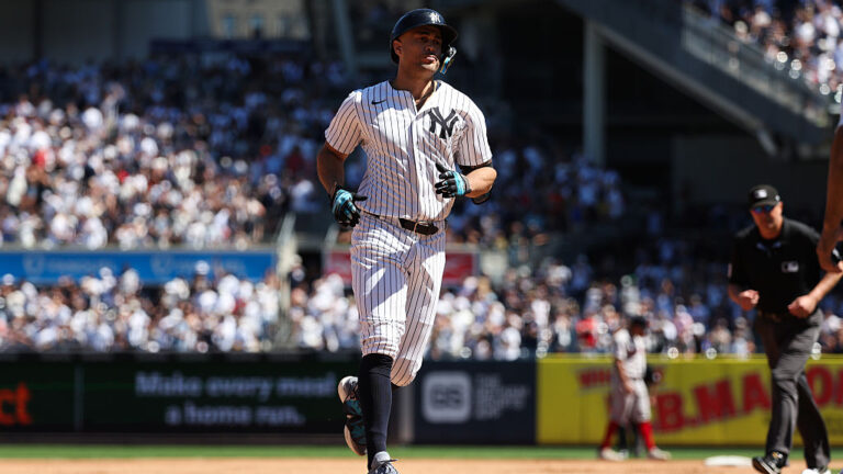 NEW YORK, NY - AUGUST 23: Giancarlo Stanton #27 of the New York Yankees reacts after hitting a home run during the game against the Boston Red Sox at Yankee Stadium on August 23, 2025 in New York, New York. (Photo by New York Yankees/Getty Images)