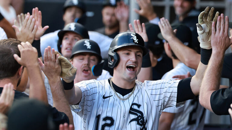 CHICAGO, ILLINOIS - AUGUST 23: Colson Montgomery #12 of the Chicago White Sox celebrates after hitting a grand slam during the second inning against the Minnesota Twins at Rate Field on August 23, 2025 in Chicago, Illinois. (Photo by Justin Casterline/Getty Images)