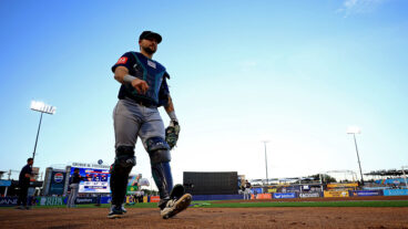 TAMPA, FLORIDA - SEPTEMBER 01: Cal Raleigh #29 of the Seattle Mariners looks on against the Tampa Bay Rays at George M. Steinbrenner Field on September 01, 2025 in Tampa, Florida. (Photo by Mike Ehrmann/Getty Images)