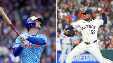 LEFT: Kyle Tucker of the Chicago Cubs bats in a game against the San Diego Padres at Wrigley Field. (Photo by Matt Dirksen/Chicago Cubs/Getty Images) RIGHT: Houston Astros starting pitcher Framber Valdez throws a pitch in the top of the first inning during the MLB game between the New York Mets and Houston Astros at Daikin Park. (Photo by Leslie Plaza Johnson/Icon Sportswire via Getty Images)