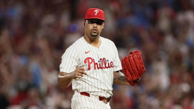 PHILADELPHIA, PENNSYLVANIA - AUGUST 03: Jhoan Duran #59 of the Philadelphia Phillies reacts after a strikeout to close the game against the Detroit Tigers at Citizens Bank Park on August 03, 2025 in Philadelphia, Pennsylvania. The Phillies won 2-0. (Photo by Caean Couto/Getty Images)