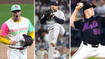 Left: Mason Miller of the San Diego Padres at Petco Park on August 01, 2025. (Photo by Orlando Ramirez/Getty Images) Middle: David Bednar of the New York Yankees at loanDepot park on Friday, August 1, 2025. (Photo by Lucas Casel/MLB Photos via Getty Images) Right: Ryan Helsley of the New York Mets at Citi Field on Friday, August 1, 2025. (Photo by Phebe Grosser/MLB Photos via Getty Images)