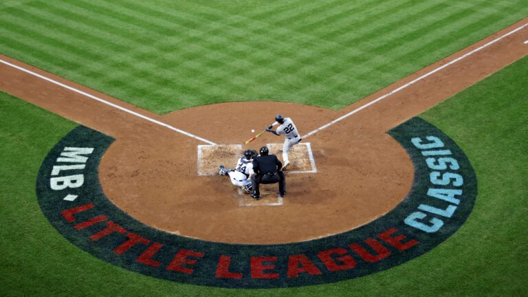 WILLIAMSPORT , PA - AUGUST 18: Juan Soto #22 of the New York Yankees bats during the 2024 Little League Classic game between the New York Yankees and the Detroit Tigers at Journey Bank Ballpark at Historic Bowman Field on Sunday, August 18, 2024 in Williamsport , Pennsylvania. (Photo by Rob Tringali/MLB Photos via Getty Images)
