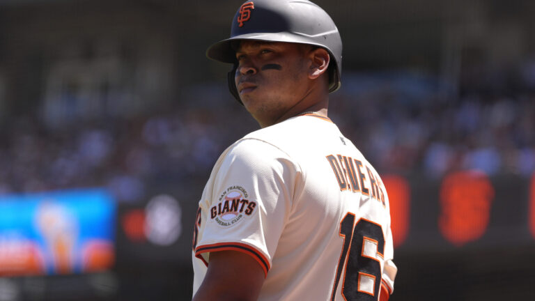 SAN FRANCISCO, CALIFORNIA - JUNE 21: Rafael Devers #16 of the San Francisco Giants looks on from the on-deck circle against the Boston Red Sox in the bottom of the eighth inning of a major league baseball game at Oracle Park on June 21, 2025 in San Francisco, California. (Photo by Thearon W. Henderson/Getty Images)