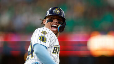 MILWAUKEE, WISCONSIN - AUGUST 10: William Contreras #24 of the Milwaukee Brewers reacts toward the dugout after hitting a two-run home run in the fifth inning against the New York Mets at American Family Field on August 10, 2025 in Milwaukee, Wisconsin. (Photo by John Fisher/Getty Images)