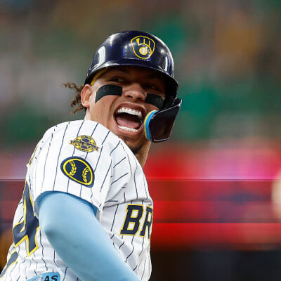 MILWAUKEE, WISCONSIN - AUGUST 10: William Contreras #24 of the Milwaukee Brewers reacts toward the dugout after hitting a two-run home run in the fifth inning against the New York Mets at American Family Field on August 10, 2025 in Milwaukee, Wisconsin. (Photo by John Fisher/Getty Images)
