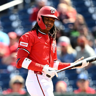 WASHINGTON, DC - AUGUST 31: CJ Abrams #5 of the Washington Nationals reacts after striking out in the first inning against the Tampa Bay Rays at Nationals Park on August 31, 2025 in Washington, DC. (Photo by Greg Fiume/Getty Images)