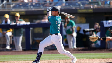PEORIA, AZ - FEBRUARY 26: Colt Emerson #85 of the Seattle Mariners bats during a spring training game against the Athletics at Peoria Stadium on February 26, 2025 in Peoria, Arizona. (Photo by Michael Zagaris/Athletics/Getty Images)