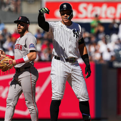 NEW YORK, NY - AUGUST 23: Aaron Judge #99 of the New York Yankees reacts after hitting a double in the eighth inning during the game between the Boston Red Sox and the New York Yankees at Yankee Stadium on Saturday, August 23, 2025 in New York, New York. (Photo by Evan Yu/MLB Photos via Getty Images)
