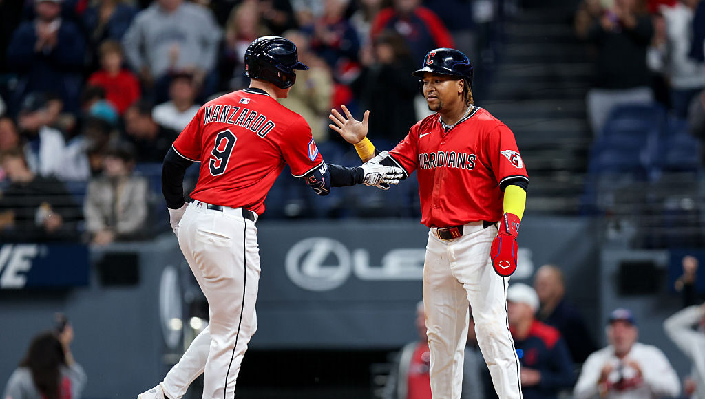 CLEVELAND, OH - AUGUST 30: Cleveland Guardians first baseman Kyle Manzardo (9) is congratulated at home plate by Cleveland Guardians third baseman Jose Ramirez (11) after hitting a 2-run home run during the sixth inning of the Major League Baseball game between the Seattle Mariners and Cleveland Guardians on August 30, 2025, at Progressive Field in Cleveland, OH. (Photo by Frank Jansky/Icon Sportswire via Getty Images)