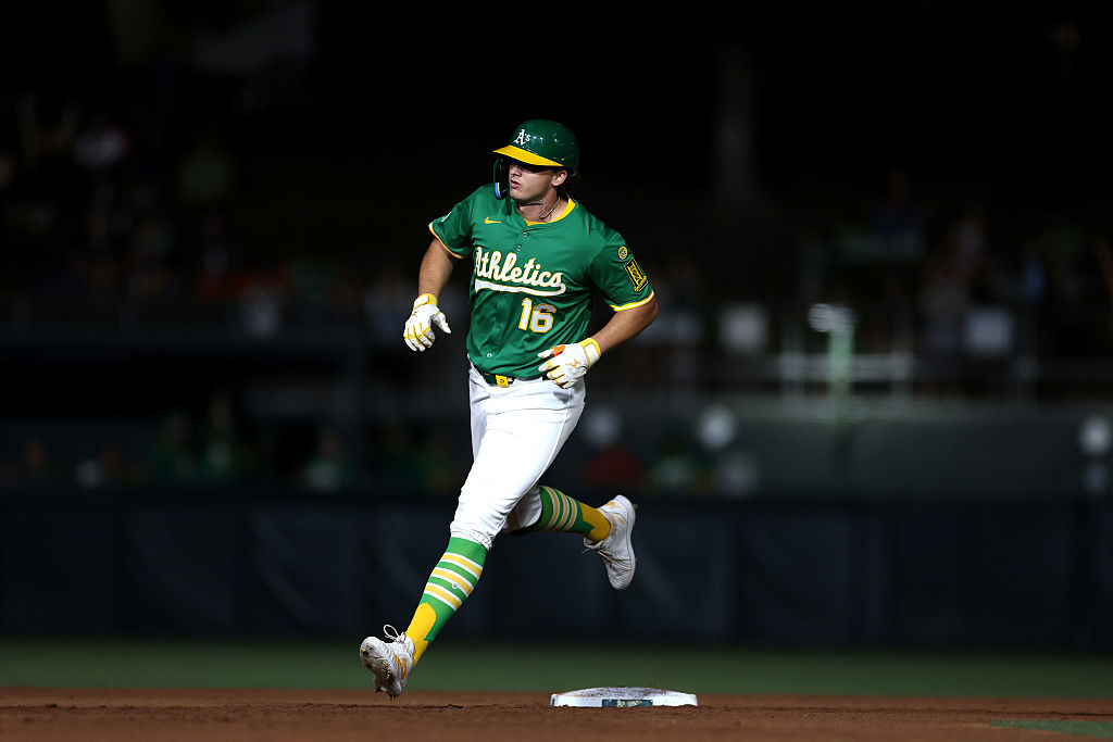 SACRAMENTO, CALIFORNIA - AUGUST 25: Nick Kurtz #16 of the Athletics rounds the bases after he hit a home run against the Detroit Tigers in the eighth inning at Sutter Health Park on August 25, 2025 in Sacramento, California. (Photo by Ezra Shaw/Getty Images)