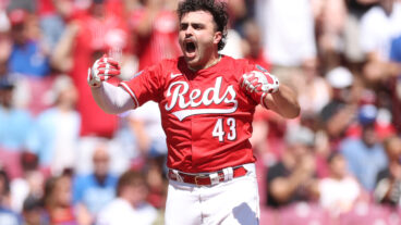 CINCINNATI, OHIO - SEPTEMBER 01: Sal Stewart #43 of the Cincinnati Reds celebrates after scoring in the second inning in his MLB debut against the Toronto Blue Jays at Great American Ball Park on September 01, 2025 in Cincinnati, Ohio. (Photo by Andy Lyons/Getty Images)