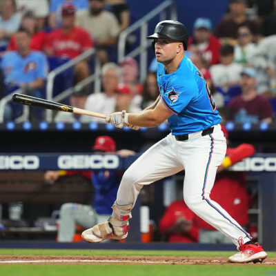 MIAMI, FL - SEPTEMBER 07: Jakob Marsee #87 of the Miami Marlins bats during the game between the Philadelphia Phillies and the Miami Marlins at loanDepot park on Sunday, September 7, 2025 in Miami, Florida. (Photo by Lucas Casel/MLB Photos via Getty Images)