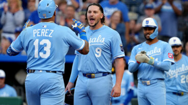 KANSAS CITY, MISSOURI - SEPTEMBER 06: Salvador Perez #13 of the Kansas City Royals celebrates his three-run home run with Vinnie Pasquantino #9 of the Kansas City Royals in the first inning against the Minnesota Twins at Kauffman Stadium on September 06, 2025 in Kansas City, Missouri. (Photo by Ed Zurga/Getty Images)