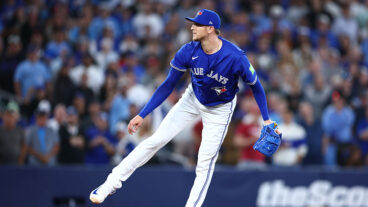 TORONTO, ON - AUGUST 27: Jeff Hoffman #23 of the Toronto Blue Jays pitches during a game against the Minnesota Twins at Rogers Centre on August 27, 2025 in Toronto, Ontario, Canada. (Photo by Vaughn Ridley/Getty Images)