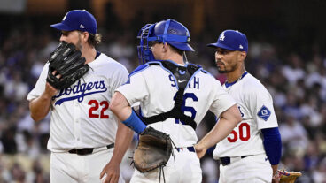 Los Angeles, CA - August 08: Starting pitcher Clayton Kershaw #22 of the Los Angeles Dodgers reacts with catcher Will Smith and Mookie Betts #50 after giving up three singles to load the bases against the Toronto Blue Jays in the second inning during a baseball game at Dodger Stadium in Los Angeles on Friday, August 8, 2025. (Photo by Keith Birmingham/MediaNews Group/Pasadena Star-News via Getty Images)