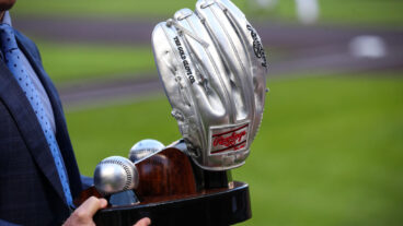 MINNEAPOLIS, MN - APRIL 11: A view of the Platinum Glove award that was given to Carlos Correa #4 of the Minnesota Twins before the start of the game at Target Field on April 11, 2022 in Minneapolis, Minnesota. The Twins defeated the Mariners 4-0. (Photo by David Berding/Getty Images)
