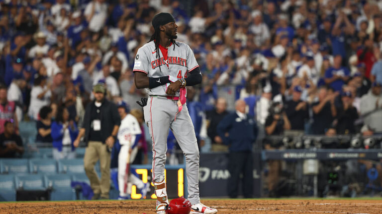 LOS ANGELES, CA - OCTOBER 01: Elly De La Cruz #44 of the Cincinnati Reds reacts to striking out in the sixth inning during Game Two of the National League Wild Card Series between the Cincinnati Reds and the Los Angeles Dodgers at Dodger Stadium on Wednesday, October 1, 2025 in Los Angeles, California. (Photo by Katelyn Mulcahy/MLB Photos via Getty Images)