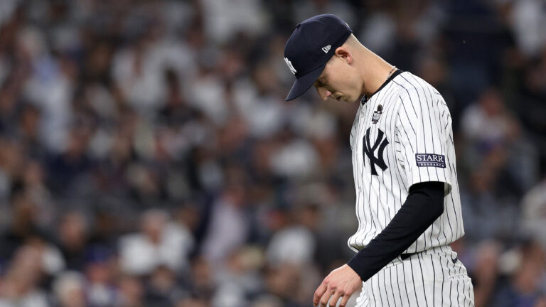 NEW YORK, NEW YORK - OCTOBER 30: Luke Weaver #30 of the New York Yankees walks off the field after being relieved during the ninth inning of Game Five of the 2024 World Series against the Los Angeles Dodgers at Yankee Stadium on October 30, 2024 in the Bronx borough of New York City. (Photo by Elsa/Getty Images)