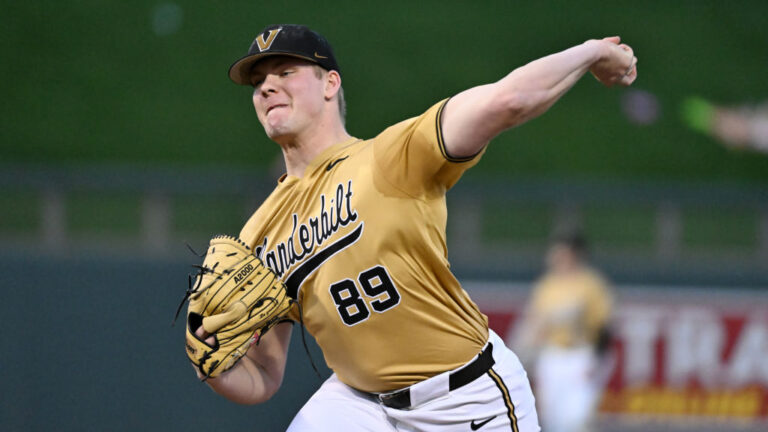 SCOTTSDALE, AZ - FEBRUARY 15: Ethan McElvain #89 of Vanderbilt University pitches during the 2025 Desert Invitational Game between the University of Nebraska and Vanderbilt University at Salt River Fields on Saturday, February 15, 2025 in Scottsdale, Arizona. (Photo by Norm Hall/MLB Photos via Getty Images)