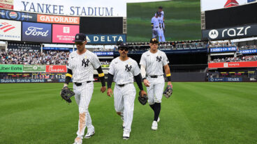 NEW YORK, NY - SEPTEMBER 07: Cody Bellinger #35, Trent Grisham #12 and Aaron Judge #99 of the New York Yankees look on during the game against the Toronto Blue Jays at Yankee Stadium on September 7, 2025 in New York, New York. (Photo by New York Yankees/Getty Images)