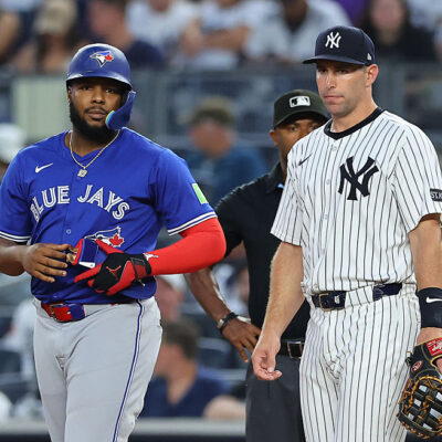 BRONX, NY - SEPTEMBER 05: Vladimir Guerrero Jr. #27 of the Toronto Blue Jays and Paul Goldschmidt #48 of the New York Yankees at first base during the game on September 5, 2025 at Yankee Stadium in the Bronx, New York. (Photo by Rich Graessle/Icon Sportswire via Getty Images)
