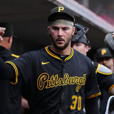 CINCINNATI, OHIO - SEPTEMBER 24: Paul Skenes #30 of the Pittsburgh Pirates celebrates with teammates prior to a baseball game against the Cincinnati Reds at Great American Ball Park on September 24, 2025 in Cincinnati, Ohio. (Photo by Jeff Dean/Getty Images)