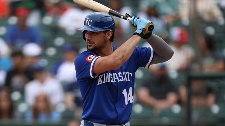 SACRAMENTO, CALIFORNIA - SEPTEMBER 28: Jac Caglianone #14 of the Kansas City Royals bats against the Athletics during the ninth inning at Sutter Health Park on September 28, 2025 in Sacramento, California. (Photo by Scott Marshall/Getty Images)