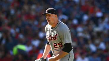 CLEVELAND, OHIO - SEPTEMBER 30: Tarik Skubal #29 of the Detroit Tigers celebrates a strikeout in the seventh inning against the Cleveland Guardians during game one of the American League Wild Card Series at Progressive Field on September 30, 2025 in Cleveland, Ohio. (Photo by Nick Cammett/Getty Images)