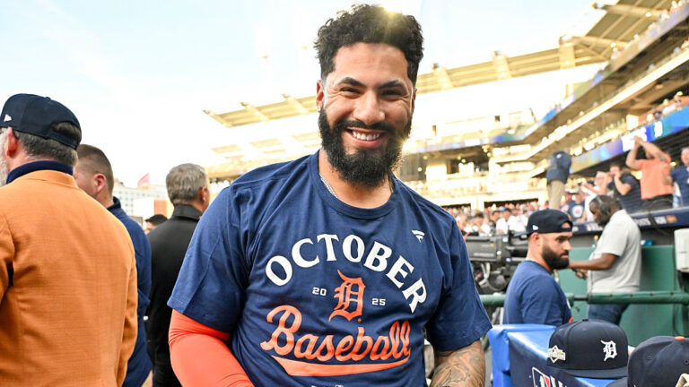 CLEVELAND, OH - OCTOBER 02: Gleyber Torres #25 of the Detroit Tigers celebrates after Game Three of the American League Wild Card Series between the Detroit Tigers and the Cleveland Guardians at Progressive Field on Thursday, October 2, 2025 in Cleveland, Ohio. (Photo by Grace Hoppel/MLB Photos via Getty Images)