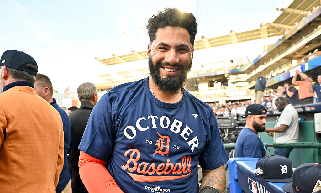 CLEVELAND, OH - OCTOBER 02: Gleyber Torres #25 of the Detroit Tigers celebrates after Game Three of the American League Wild Card Series between the Detroit Tigers and the Cleveland Guardians at Progressive Field on Thursday, October 2, 2025 in Cleveland, Ohio. (Photo by Grace Hoppel/MLB Photos via Getty Images)