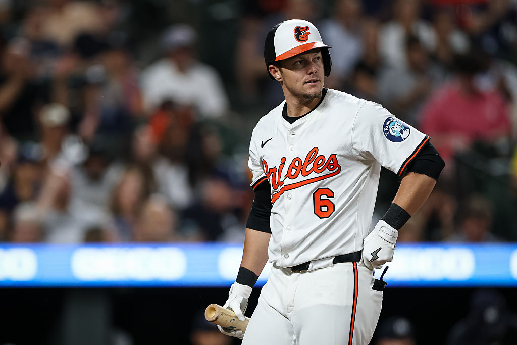 BALTIMORE, MD - SEPTEMBER 18: Ryan Mountcastle #6 of the Baltimore Orioles reacts during the first inning against the New York Yankees at Oriole Park at Camden Yards on September 18, 2025 in Baltimore, Maryland. (Photo by Scott Taetsch/Getty Images)