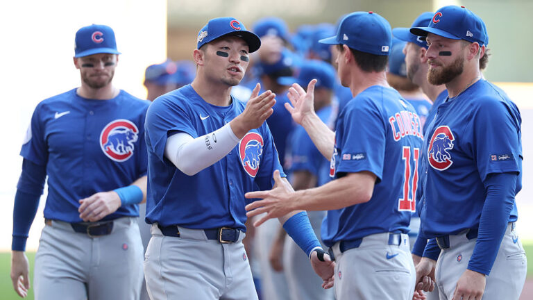 MILWAUKEE, WISCONSIN - OCTOBER 04: (L-R) Seiya Suzuki #27 of the Chicago Cubs greets manager Craig Counsell #11 prior to game one of the Division Series against the Milwaukee Brewers at American Family Field on October 04, 2025 in Milwaukee, Wisconsin. (Photo by Michael Reaves/Getty Images)