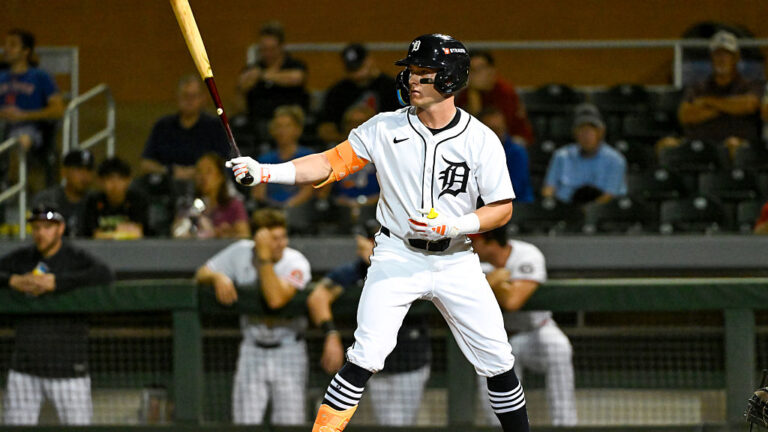 SCOTTSDALE, AZ - OCTOBER 06: Kevin McGonigle #9 of the Scottsdale Scorpions bats during the game between the Peoria Javelinas and the Scottsdale Scorpions at Scottsdale Stadium on Monday, October 6, 2025 in Scottsdale, Arizona. (Photo by Norm Hall/MLB Photos via Getty Images)