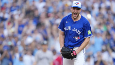 TORONTO, ONTARIO - OCTOBER 05: Trey Yesavage #39 of the Toronto Blue Jays celebrates after his tenth strikeout during the fourth inning in game two of the American League Division Series against the New York Yankees at Rogers Centre on October 05, 2025 in Toronto, Ontario. (Photo by Mark Blinch/Getty Images)
