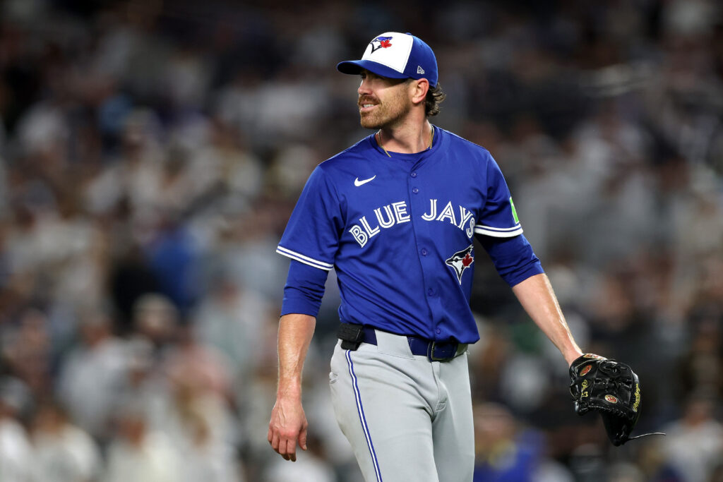 NEW YORK, NEW YORK - OCTOBER 07: Shane Bieber #57 of the Toronto Blue Jays walks off the mound against the New York Yankees during the third inning in game three of the American League Division Series at Yankee Stadium on October 07, 2025 in the Bronx borough of New York City. (Photo by Ishika Samant/Getty Images)