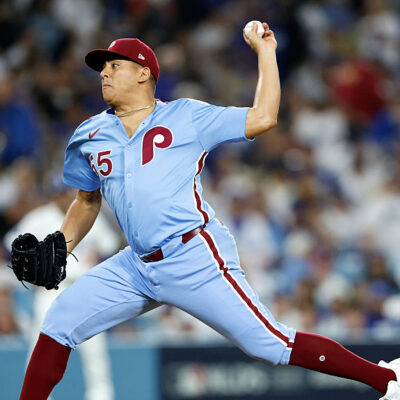 LOS ANGELES, CALIFORNIA - OCTOBER 08: Ranger Suárez #55 of the Philadelphia Phillies pitches against the Los Angeles Dodgers during the seventh inning in game three of the National League Division Series at Dodger Stadium on October 08, 2025 in Los Angeles, California. (Photo by Ronald Martinez/Getty Images)